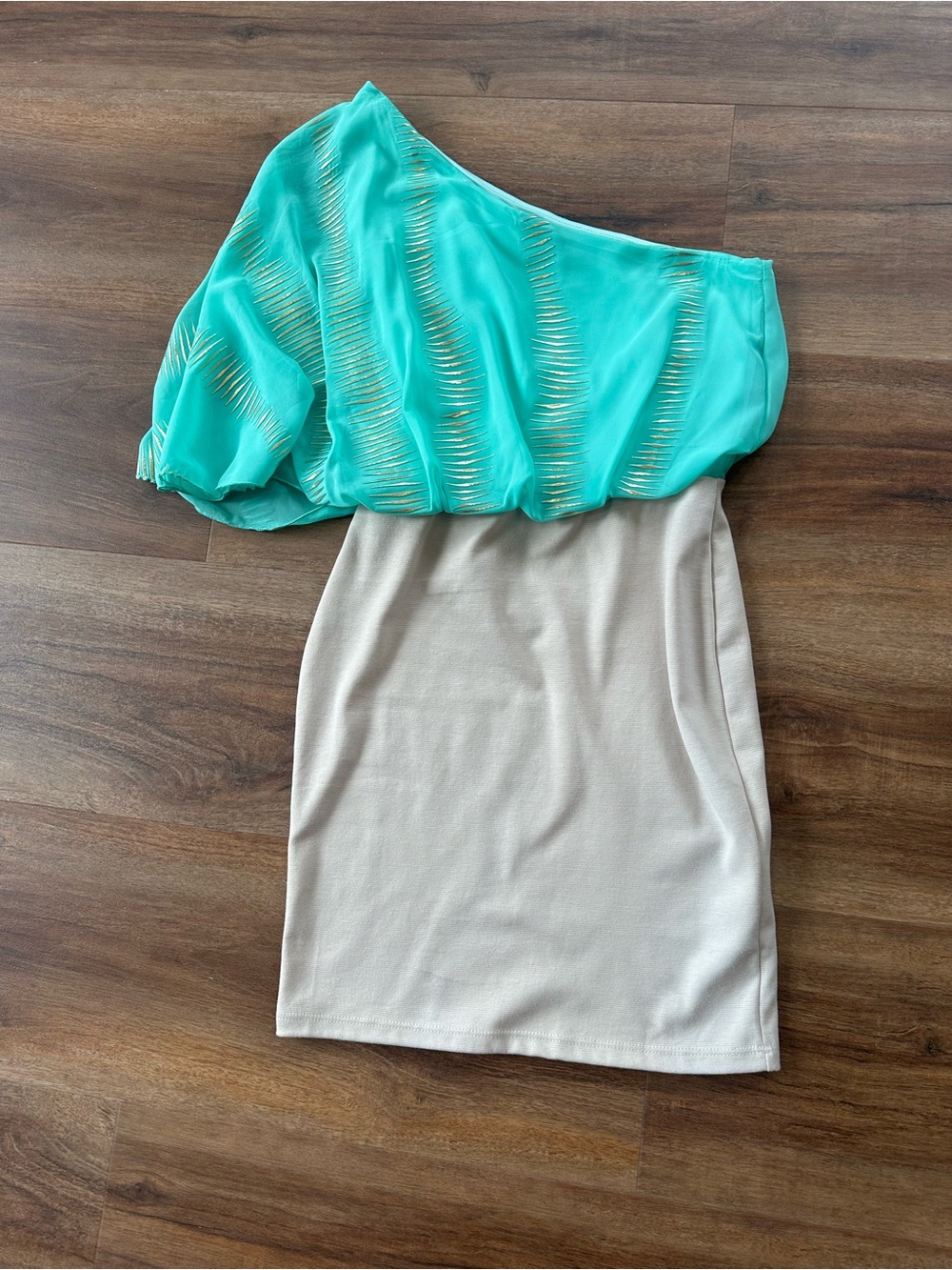 Body Central Teal One-Shoulder Cocktail Dress with Cream Skirt